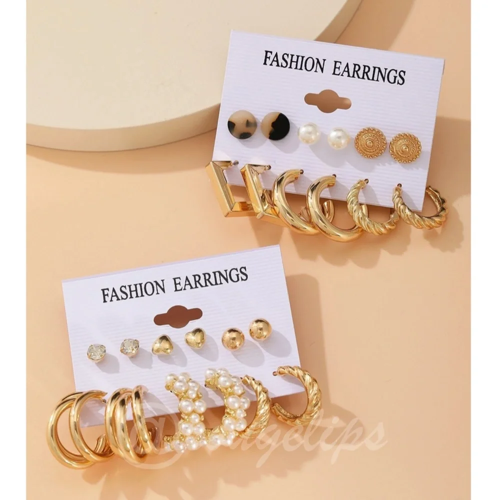 12 Pairs Gold Tone Fashion Earrings - Picture 2 of 4